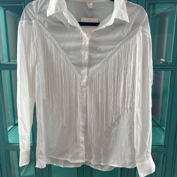 NWT White Fringe Semi-Sheer Button Down Shirt - Picture 4 of 5